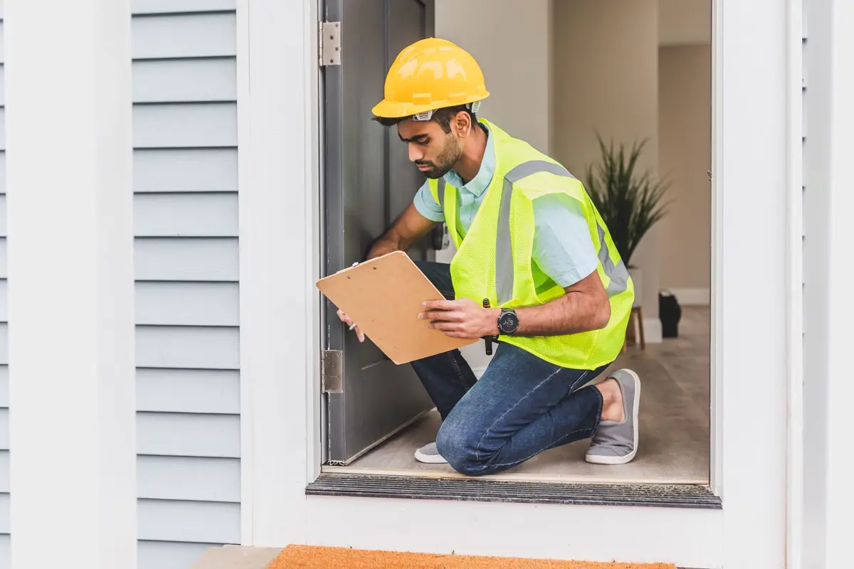 AAA Guardian inspector kneeling at a home's entryway with a clipboard, conducting an in-person evaluation